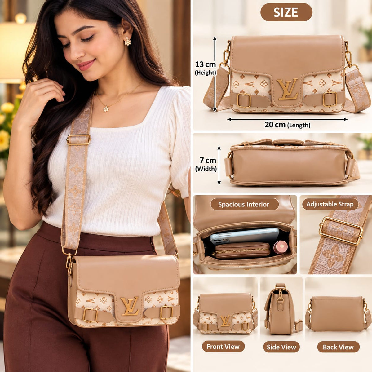 Women’s Premium Beige Sling Bag with Adjustable Shoulder Strap