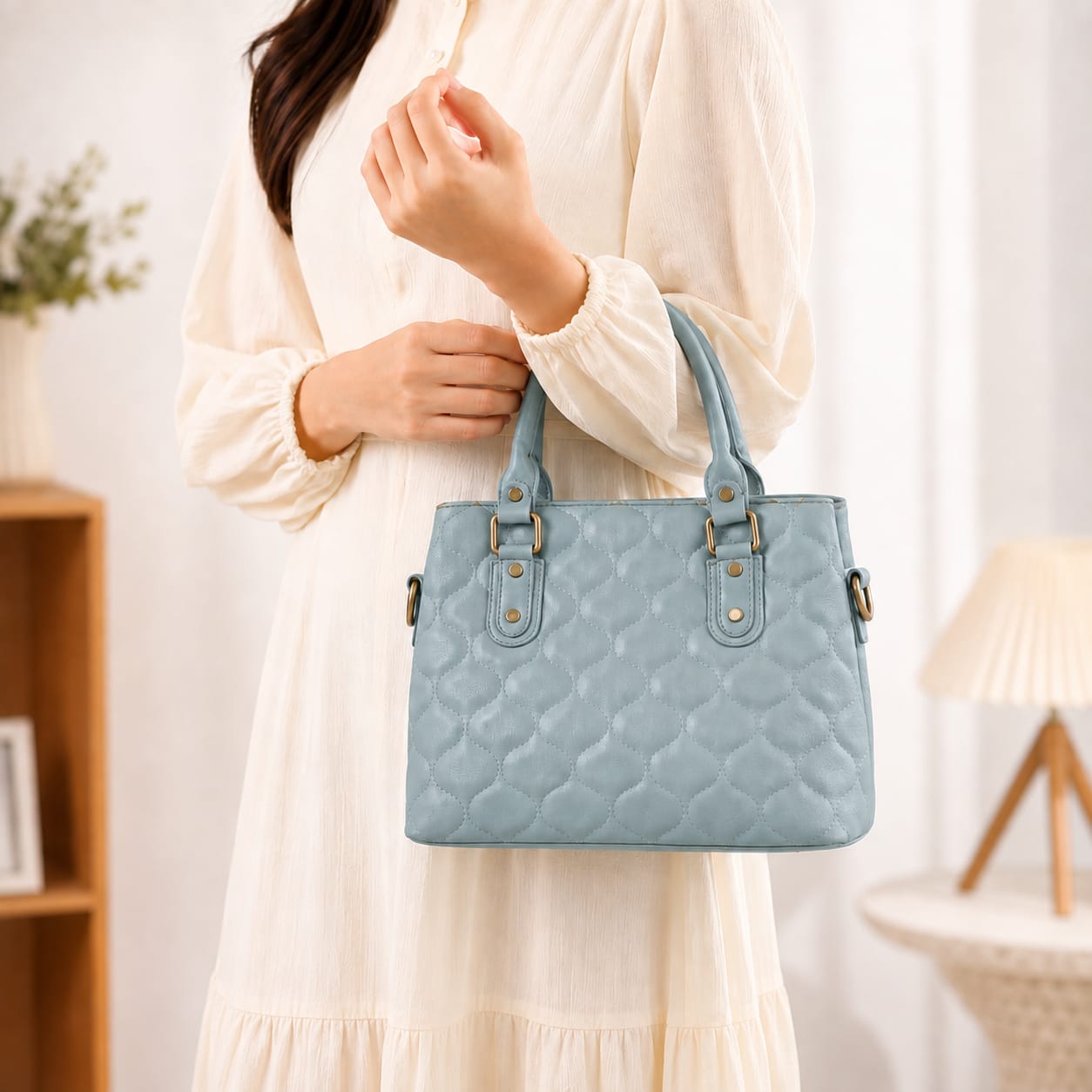 Premium Quilted Tote Handbag for Women | Elegant PU Leather Shoulder Bag | Sky Blue