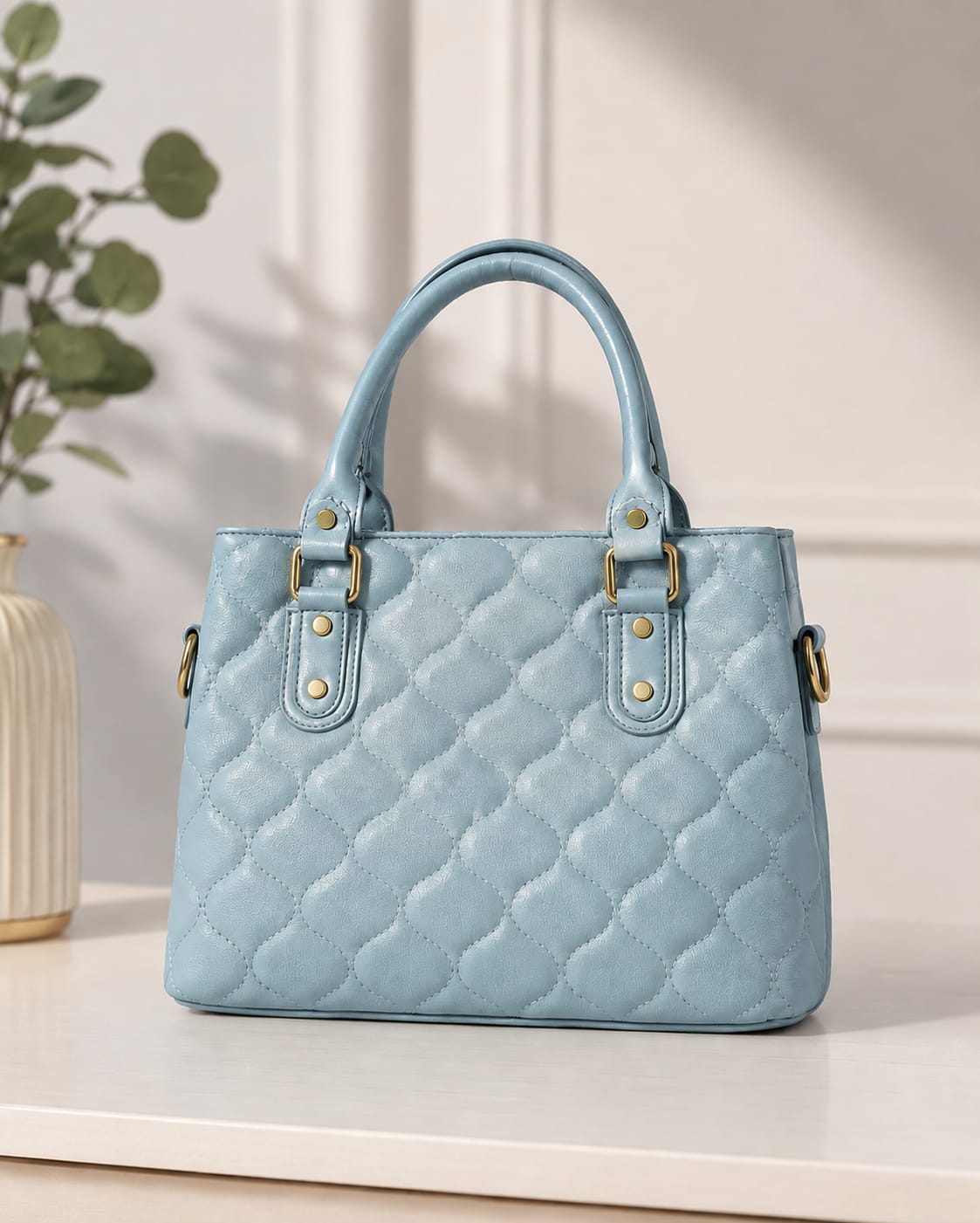 Premium Quilted Tote Handbag for Women | Elegant PU Leather Shoulder Bag | Sky Blue