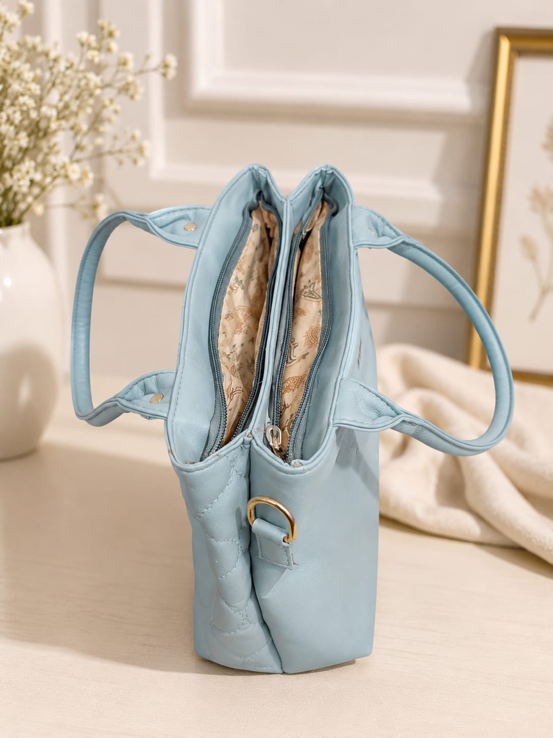 Premium Quilted Tote Handbag for Women | Elegant PU Leather Shoulder Bag | Sky Blue