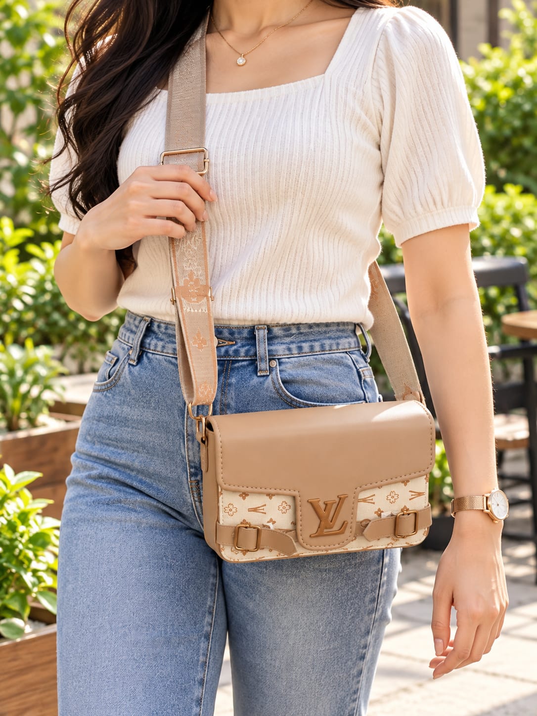 Women’s Premium Beige Sling Bag with Adjustable Shoulder Strap